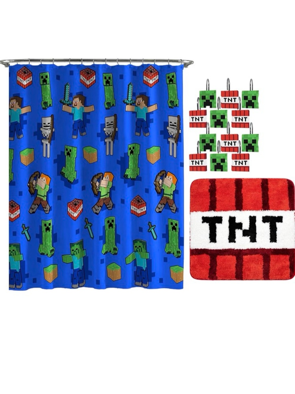 Minecraft Kids Blue Shower Curtain & TNT Bath Accessory Set
